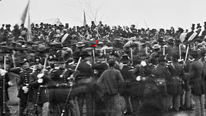 Crowd of_citizens soldiers and etc. with Lincoln (red arrow)at Gettysburg. 